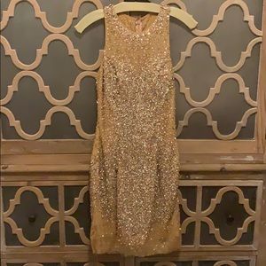 Cream/tan sparkle high neck prom dress. Short